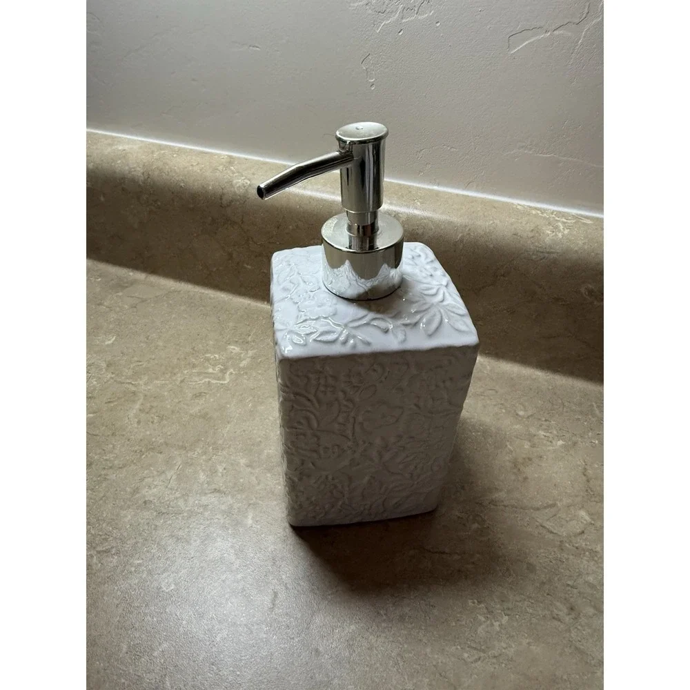 White Embossed Floral Ceramic Bathroom Accessory Set Soap Dispenser Tray Holder